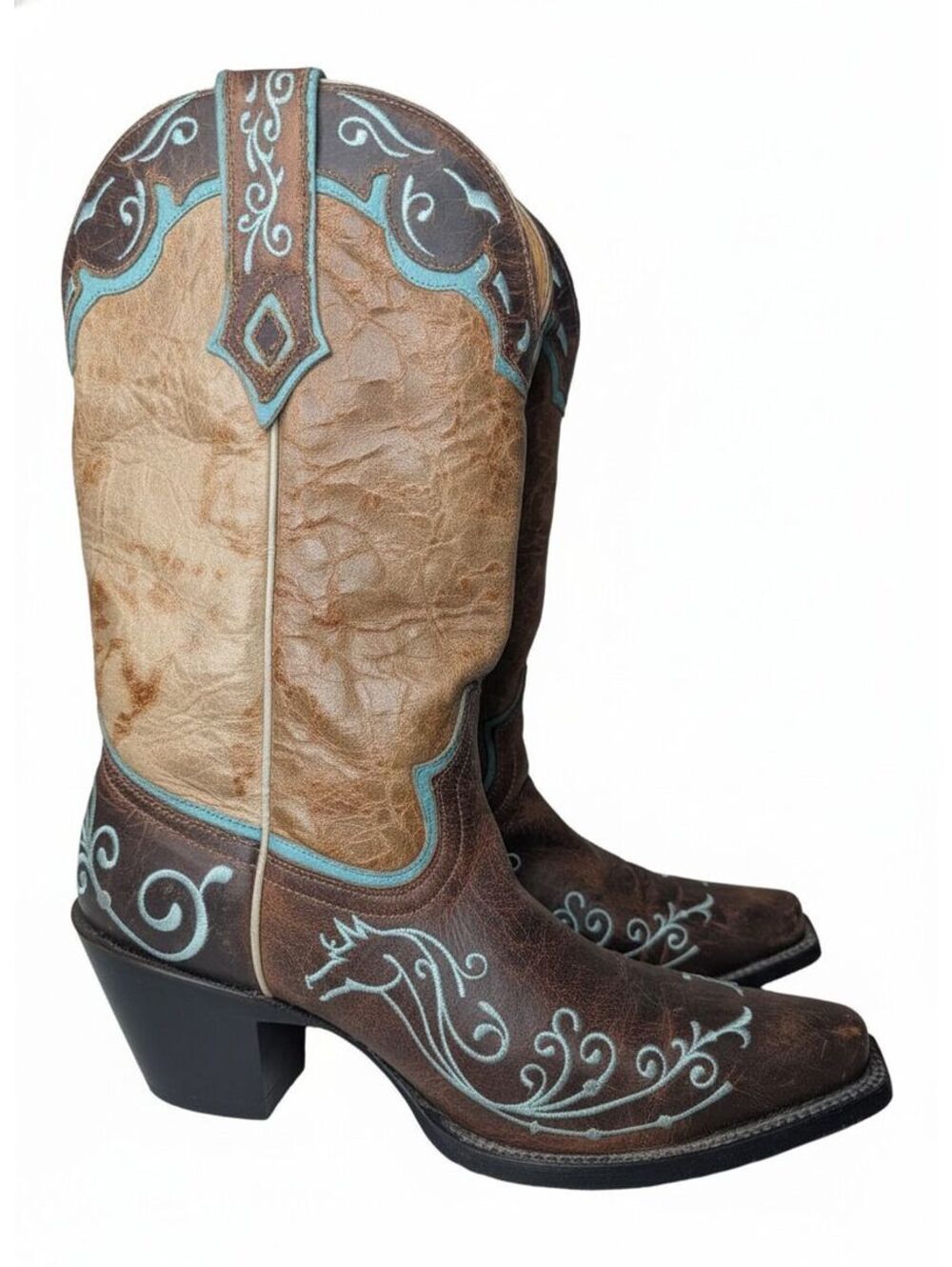 Sterling River Embroidered Cowboy Boots Distressed Brown and Turquoise Size 10B